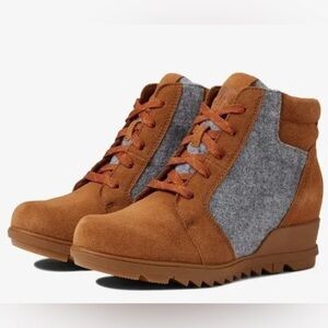 SOREL Evie Ankle Lace-up Wedge Platform Booties Tan Brown Gray Suede Size 9‎